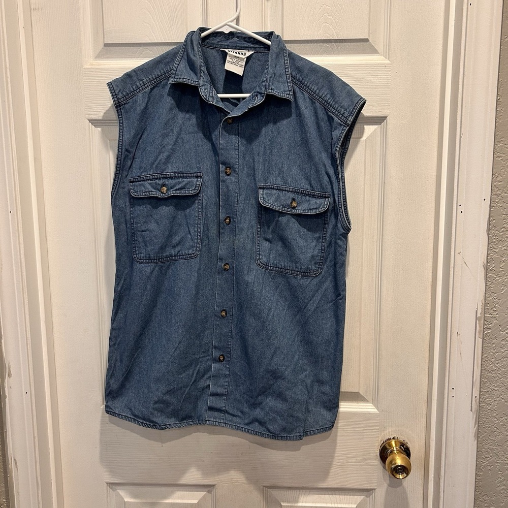 VTG GITANO Mens Medium Blue Denim Sleeveless‎ Button Up Shirt Workwear Casual
